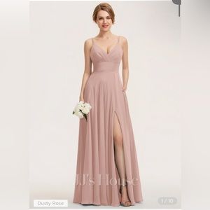 A-line V-neck Floor Length Chiffon Bridesmaid Dress with Slit (DUSTY ROSE)
